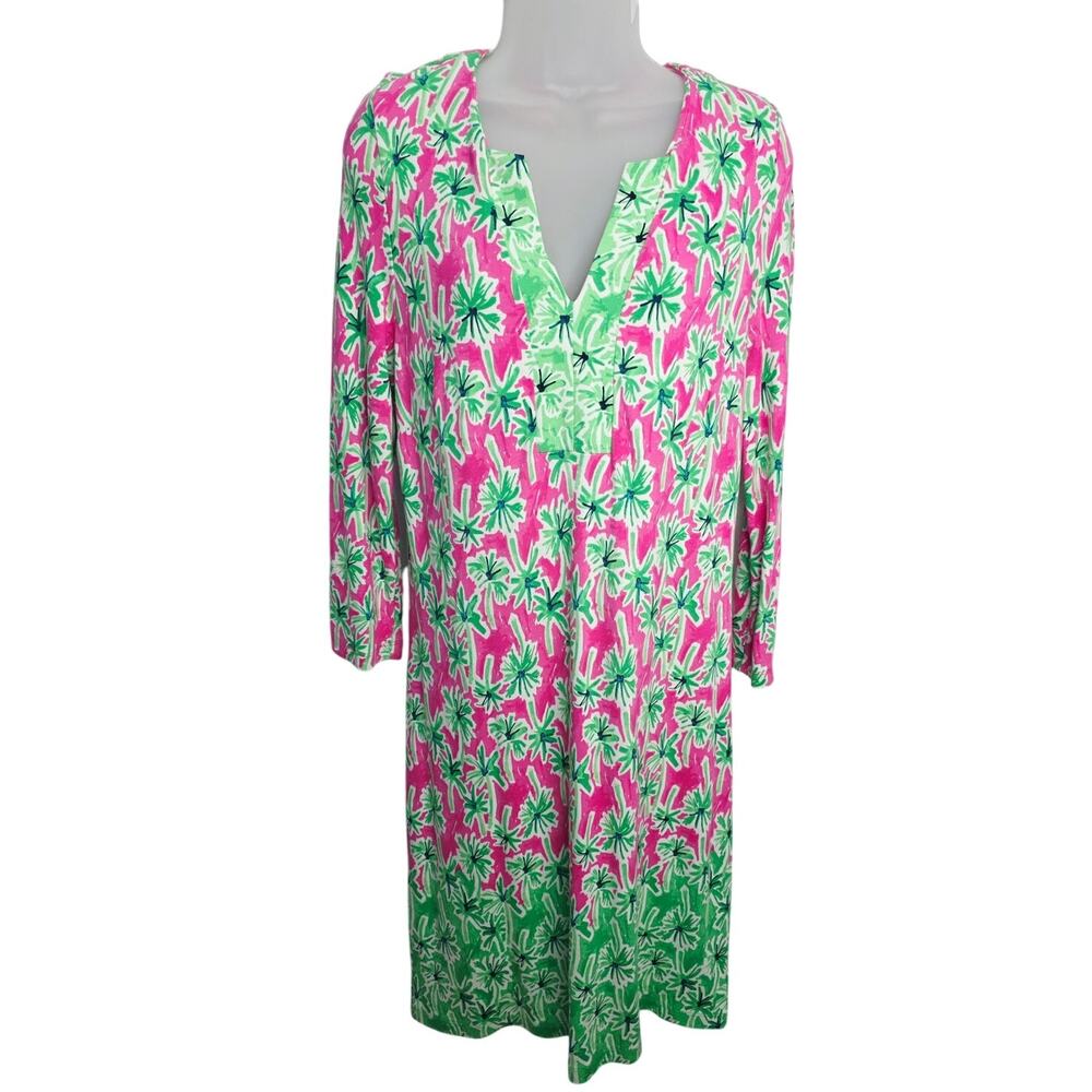 Crown & Ivy Pink Green Floral Long Sleeve Shift Dress Preppy Resort